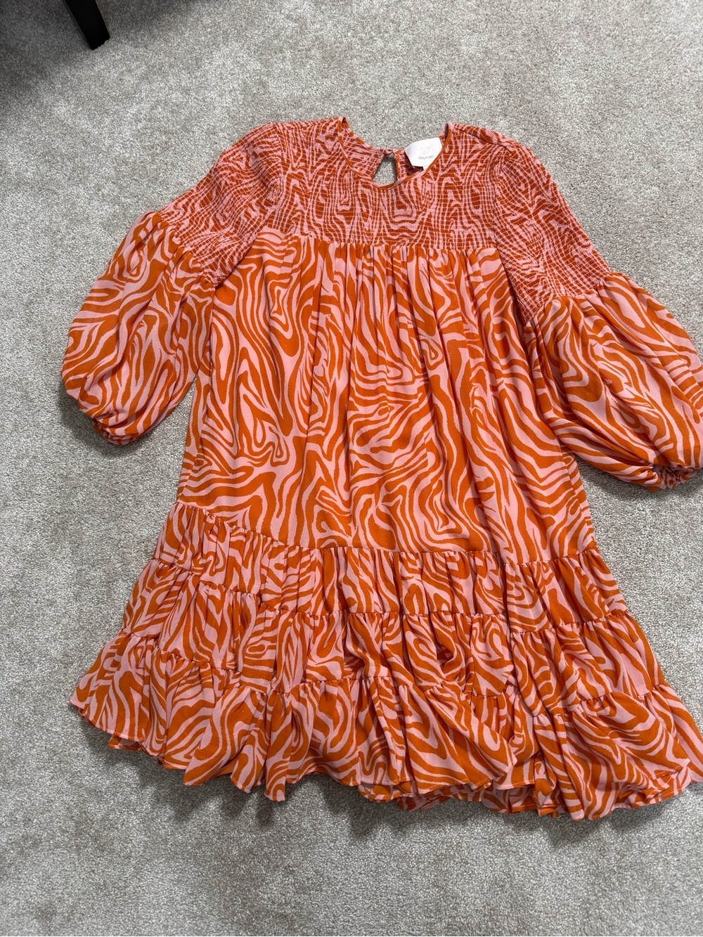 Cinq A Sept | Pink and Orange Zebra-Print Mini Dress | Smocked | size 4 - Picture 5 of 15